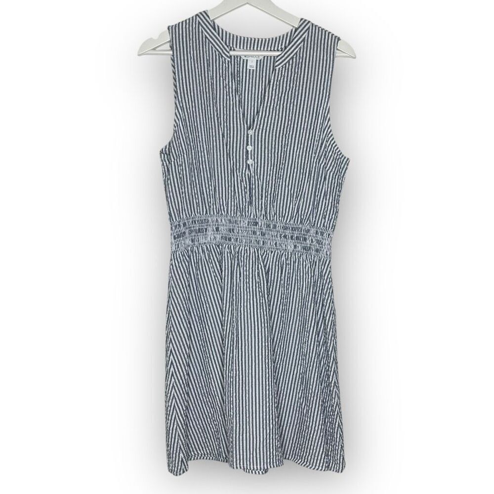 Market & Spruce Sleeveless Smocked Waist Seersucker Blue White Dress Women Large